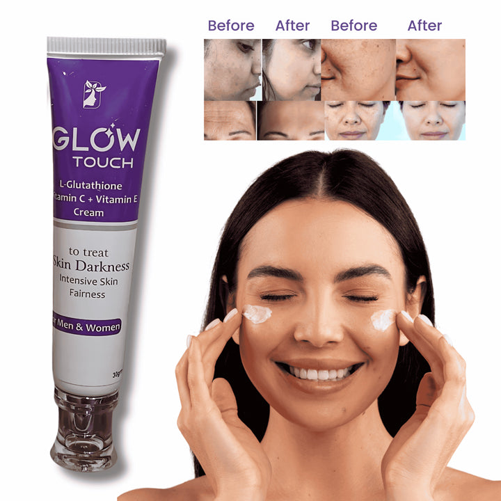 Glow Touch cream tube with a woman applying it, before and after results shown.