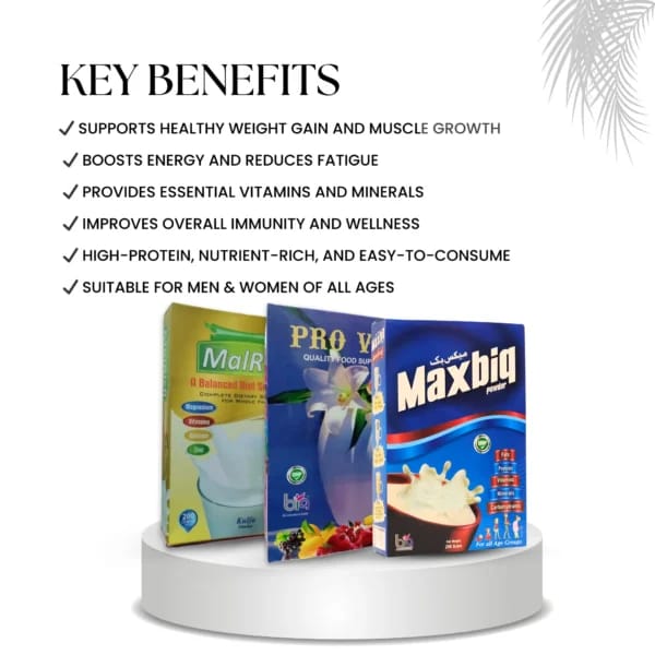 Three protein powder boxes Maxbiq Malrich Provim on a white platform with key benefits listed above.