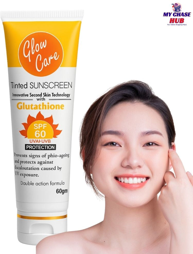Glow Care sunscreen tube with a woman applying sunscreen on her face