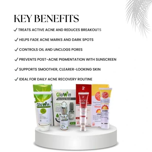 Skincare products with key benefits listed on a white background