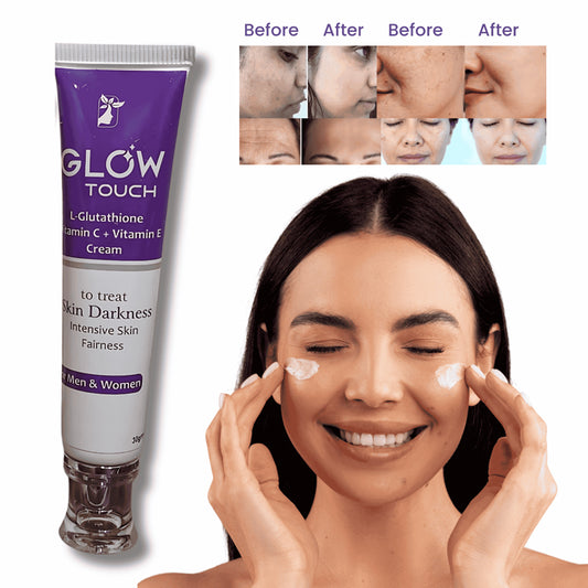 Glow Touch cream tube with a woman applying it, before and after results shown.