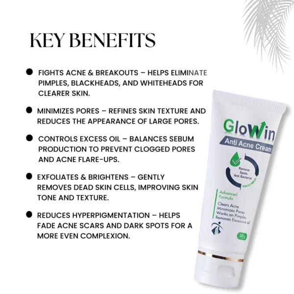 Glowin Anti Acne Cream tube with key benefits listed on a white background
