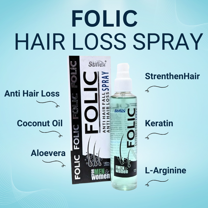 Folic hair loss spray with packaging on a blue background