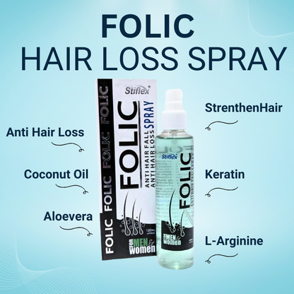 Folic hair loss spray with packaging on a blue background