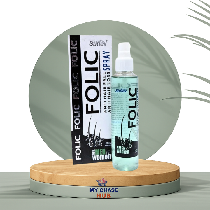 Folic hair care products on a wooden stand with a light green background