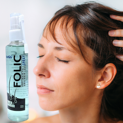 Woman with closed eyes OILING WITH FOLIC HAIR LOSS SPRAY and a bottle of Folic hair care product on a white background