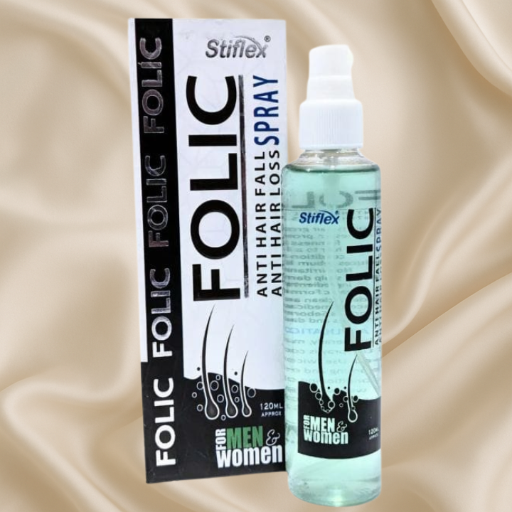 Folic anti-hair fall spray with packaging on a beige background