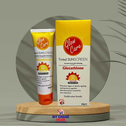 Glow Care Glutathione sunscreen tube and box on a wooden stand with a gray background