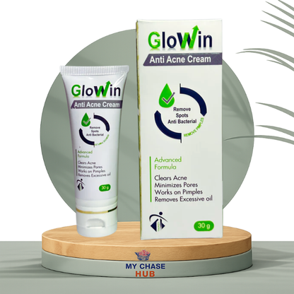 Glowin Anti Acne Cream with packaging on a wooden stand