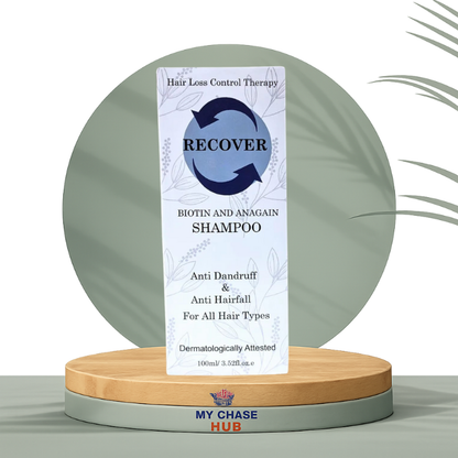 Shampoo bar with 'RECOVER' label on a wooden stand against a light background