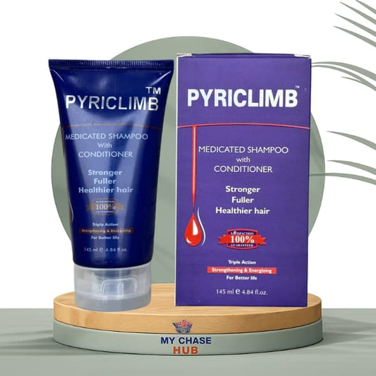 Pyriclimb shampoo bottle and box on a wooden stand with a neutral background