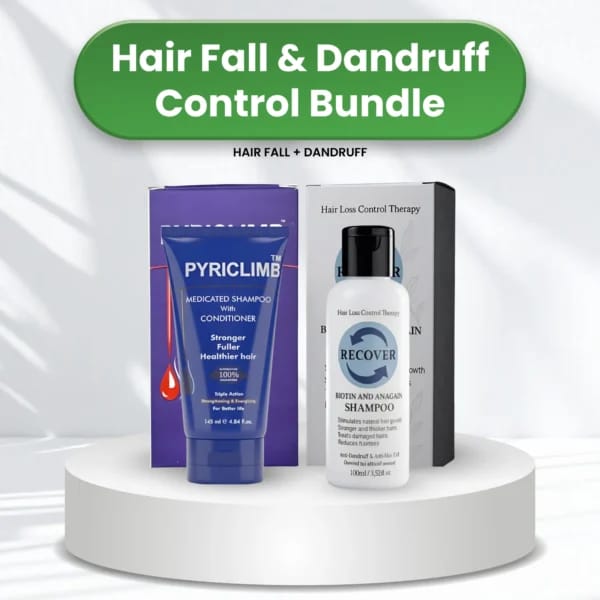 Hair fall and dandruff control bundle with Pyriclimb shampoo and Recover conditioner on a white platform.