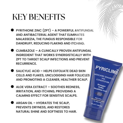 Pyriclimb shampoo bottle with key benefits listed on a white background