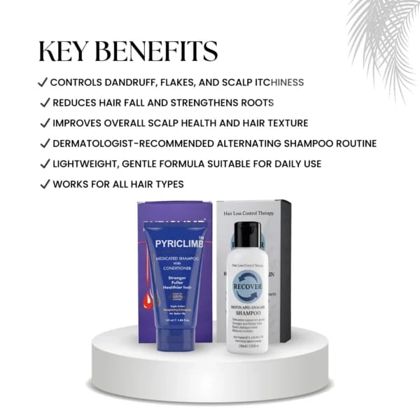 Hair care products with key benefits listed on a white background
