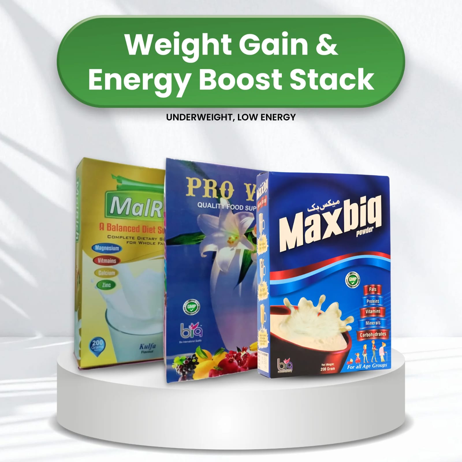 Three health supplement malrich maxbiq provim boxes on a white platform with promotional text about weight gain and energy boost.