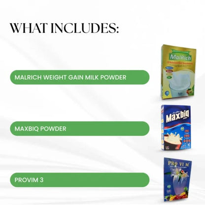 List of products included, featuring Malrich weight gain milk powder and Maxbiq powder packages on a white background. Malrich Maxbiq Provim