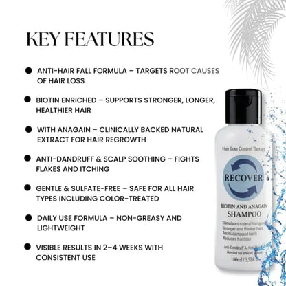 Shampoo bottle with key features listed on a white background