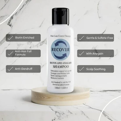 Shampoo bottle labeled 'Recover' on a marble background with feature text.